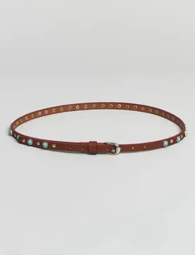 Cintura sottile in pelle color cuoio con borchie argento e pietre turchesi - Hlo! - FashionsVida