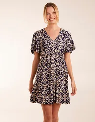 Womens Button Through Elastic Waist Mini Dress - Navy - Size Small