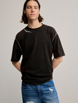 T-shirt uni détail, , Coton, Noir, S