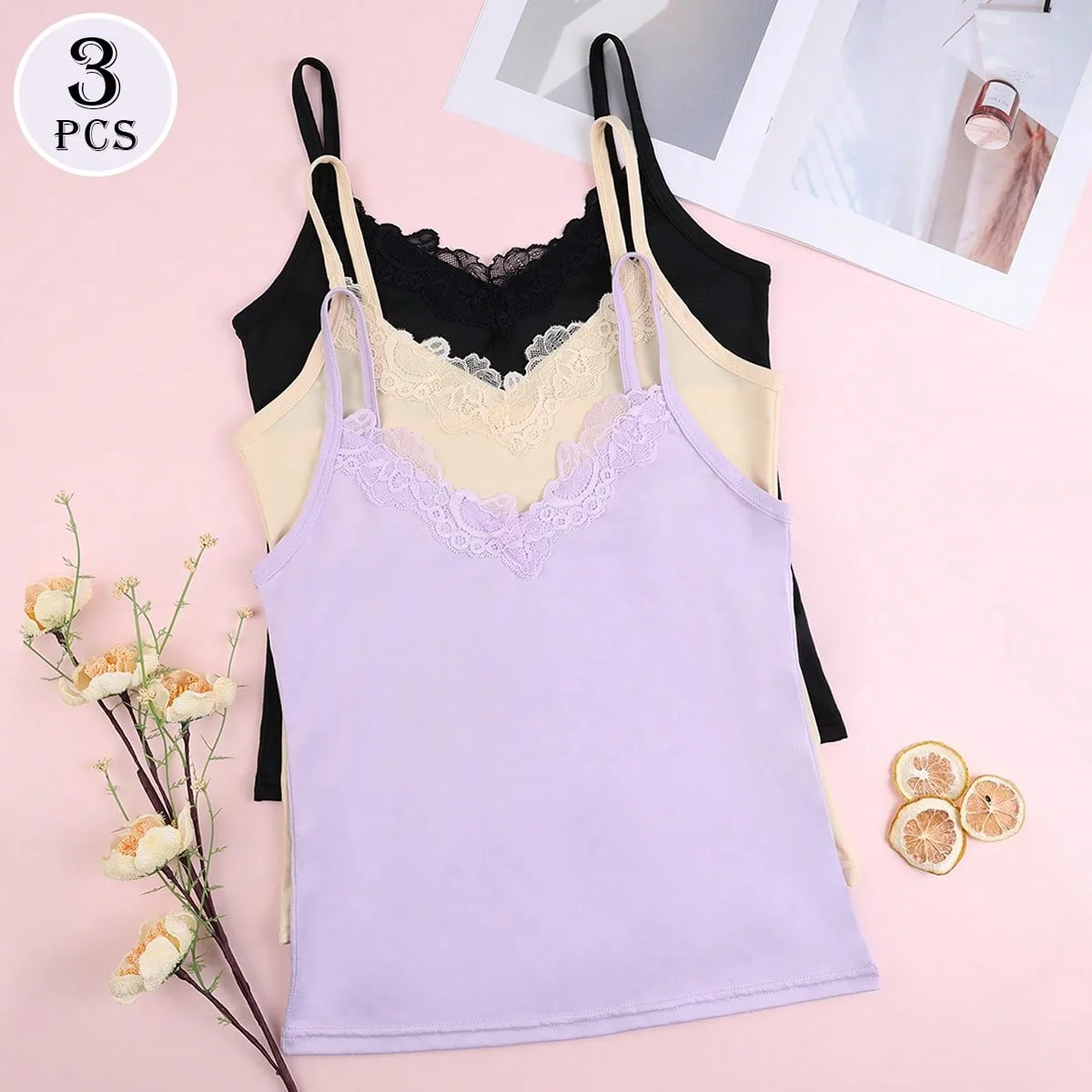Set de 3 camisolas de encaje para mujer, ropa interior versátil - Shein - FashionsVida