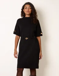 Funnel Neck Belted Knit Dress - S/M / BLACK - female