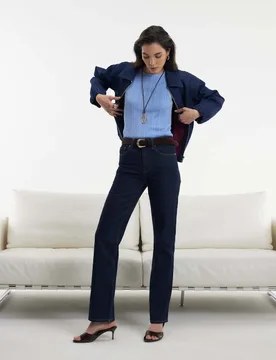 High Waisted Belted Straight Leg Jeans Dark Blue Denim female - River Island - FashionsVida