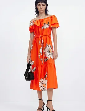Robe midi volants marguerites ORANGE L female - Desigual - FashionsVida