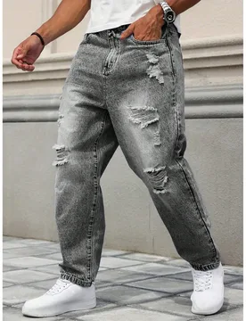 Roughcore Jeans de Mezclilla Lavados y Desgastados de Corte Holgado para Hombres - Shein - FashionsVida