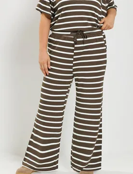 Stripe Tie Waist Trousers - Chocolate - Size: 26-28 - Yours - FashionsVida