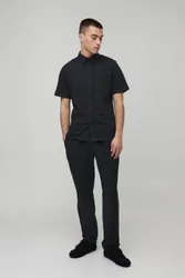 Herren Slim-Fit Kurzarmhemd Und Hose Mit Konischer Passform Set Charcoal Größe Large