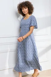 Women's Printed Crinkle Maxi Dress in Dark Blue Size: 14 - Dark Blue - Size: 14