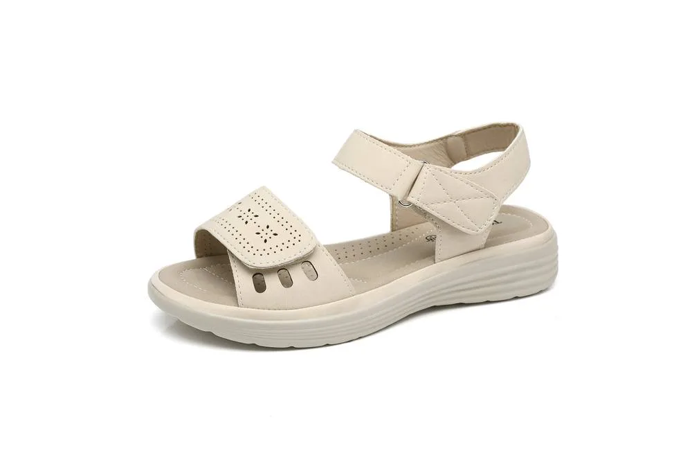 Adjustable Strap & Cushioned hook & loop Comfort Wedge Sandals - Beige - Size: 7 - IVACHY - FashionsVida