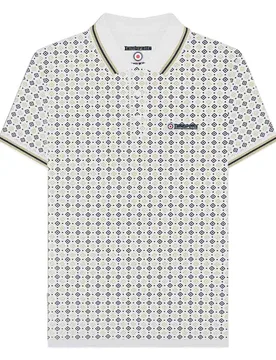 Mens Ss25 Geometric Polo Shirt (White/navy/cashew) Cotton - Size Medium - Lambretta - FashionsVida
