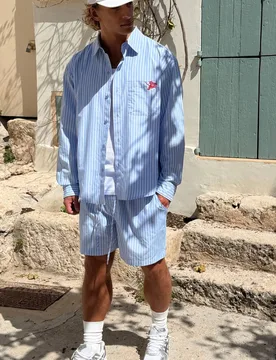 Men's Stripe Poplin Curved Hem Embroidered Oversized Long Sleeve Shirt & Baggy Short Set Blue Size X-Large Blue XL - boohooMAN - FashionsVida