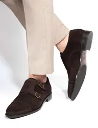 Leather Monk Strap Shoes Dark Brown male