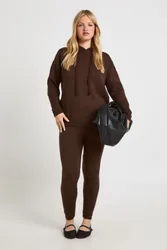 Womens Petite Soft Knit Hoodie & Trouser Co-Ord - Chocolate - Size Medium