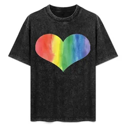 Watercolor Rainbow Pride Heart T-Shirt Basic Solid Color Short Sleeve Cotton Top