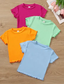 Camiseta casual de manga corta con cuello redondo y volantes de unicolor para niña, verano - Shein - FashionsVida