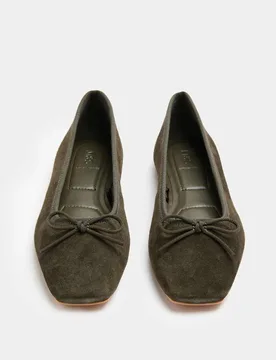 Suede Flat Square Toe Ballet Pumps Olive female - M&S - FashionsVida