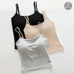 Set de 3 piezas de tops de camisola acanalados con sujetador acolchado para mujeres, chaleco corto casual y sexy sin mangas, para hacer ejercicio