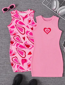 Set de 2 vestidos casuales sin mangas con estampado de corazón y acanalado para niñas, para uso al aire libre - Shein - FashionsVida