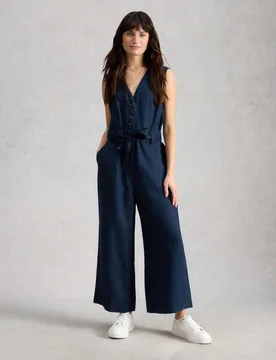 Pure Linen V-Neck Cropped Jumpsuit Navy female - White stuff - FashionsVida
