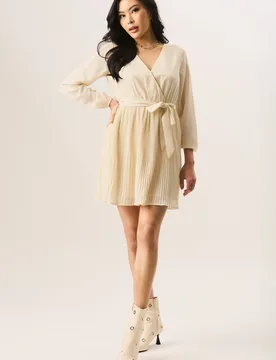 Womens Cream Pleated Long Sleeve Wrap Mini Dress - Size 12 Uk - Gini London - FashionsVida