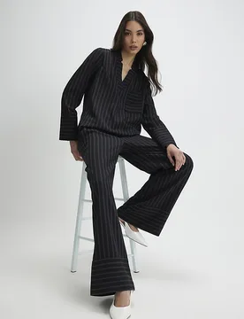 Womens Wide Leg Trousers Black Striped Turned Up Hem - Size 14 Uk - River Island - FashionsVida