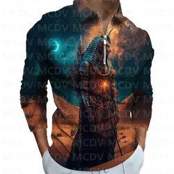 Men's Long Sleeve Zipper Polo Shirt Pharaoh 3D Printed Polo Long Sleeve T Shirt Casual Tops