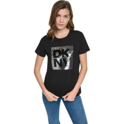 Camiseta de mujer de manga corta y cuello redondo con logotipo de lentejuelas multiposición