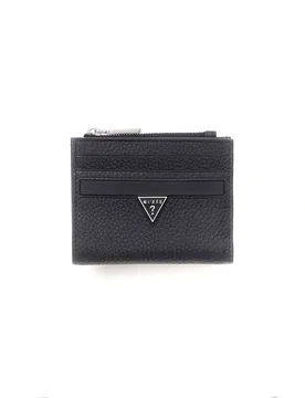 Portafoglio nero in pelle martellata con logo a triangolo e zip - Guess - FashionsVida