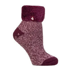 Womens Ladies Ribbed Cuff Thermal Bed Socks For Lounging Around - Red - Size Uk 4-8