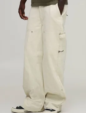 Men's Baggy Fit Twill Multi Pocket Carpenter Trousers Ecru Size 32 Ecru 32 - boohooMAN - FashionsVida