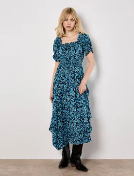 Women's Sarasa Floral Milkmaid Midi Dress in Navy Size: 8 - Navy - Size: 8 - Apricot - FashionsVida