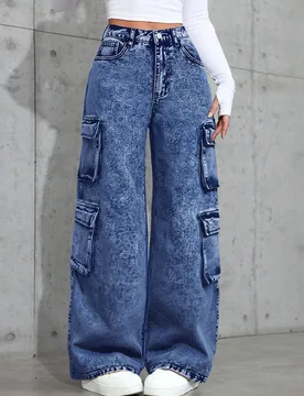 Jeans de chica adolescente Y2K años 90 otoño calle con bolsillo inclinado sólido lavado, diseño de bolsillo suave & elegante casual pierna recta c - Shein - FashionsVida