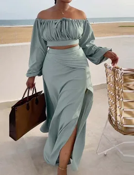 Women Ruched Lantern Long Sleeve Off Shoulder Crop Top & High Waist Side Slit Maxi Skirt Set Solid Two Pieces Dress Set Outfits - Aliexpress - FashionsVida