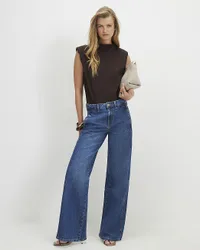Womens Wide Leg Jeans Blue Tailored Button Cotton - Size 14 Long