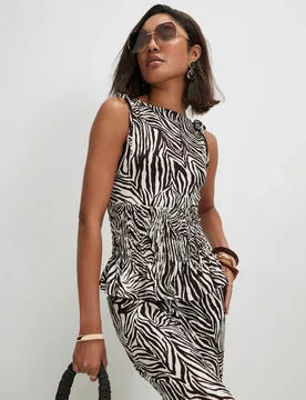Pure Cotton Zebra Print Shirred Top Brown Mix female - River Island - FashionsVida
