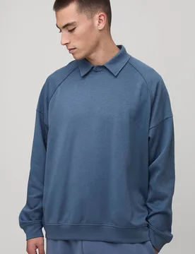 Men's Oversized Premium Placketless Interlock Raglan Sleeve Polo Slate Size Medium Slate M - boohooMAN - FashionsVida