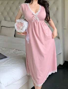 Camisón de mujer con cuello en V de encaje a contraste y manga corta con lazo - Shein - FashionsVida