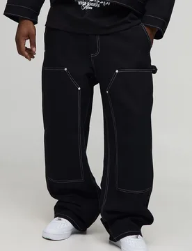 Mens Plus Canvas Relaxed Fit Worker Trousers - Black Cotton - Size 44 Regular - boohooMAN - FashionsVida