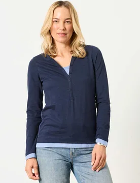 Pure Cotton V-Neck Button Detail Henley Top Navy Mix female - Fatface - FashionsVida