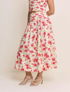 Pure Cotton Floral Midi A-Line Skirt Red female - Nobody's Child - FashionsVida
