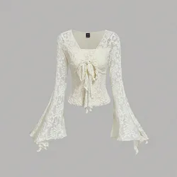 Camiseta de tela de encaje con cuello, lazo y mangas farol para niña preadolescente, elegante, niña preadolescente