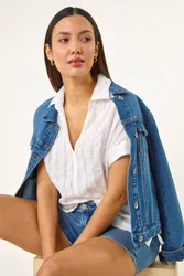 Textured Collar V-Neck Top - Ivory - Size: 20