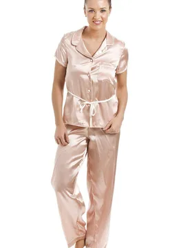 Women's Short Sleeve Belted Satin Pyjama Set in Pale Pink Size: 18 - Pale Pink - Size: 18 - Camille - FashionsVida