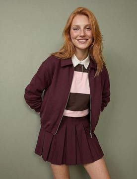 Felpa in cotone con cerniera e collo - maroon