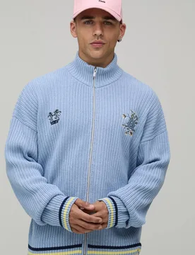 Men's Funnel Neck Ribbed Embroidered Knitted Track Jacket Light Blue Size X-Small Light Blue XS - boohooMAN - FashionsVida