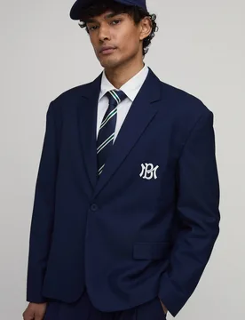 Men's Embroidered Oversized Blazer Navy Size 34 Navy 34 - boohooMAN - FashionsVida