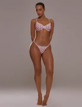 Top de conjunto de sujetador con aros, borde de encaje con lunares rosas, lindo y sexy, esencial de lencería para pijama diario y nocturno - Shein - FashionsVida