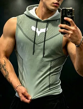 Camiseta sin mangas deportiva con capucha y estampado geométrico para hombre - Shein - FashionsVida