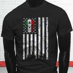 Mexican American Skull Mexico Flag Pride T-Shirt 100% Cotton O-Neck Summer Short Sleeve Casual Mens T-shirt Size S-3X