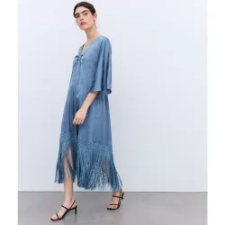 Vestido manga corta jacquard estampado flecos de mujer