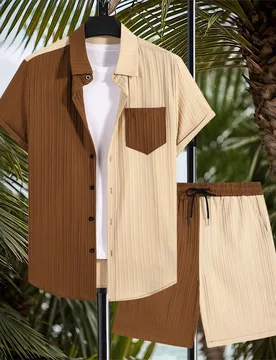 Conjunto de playa de camisa de manga corta con botones de color contrastante y pantalones cortos tejidos para hombres, ropa de playa de verano hawaian - Shein - FashionsVida